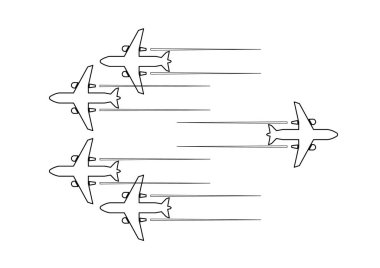 Uçan uçağın grafiksel görüntüsü CAD çiziminde çizildi. Siyah beyaz tek çizgi çiziyor..   