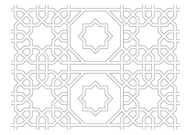 İslami modelin siyah-beyaz 2D CAD çizimi. İslami kalıplar tasarımlarında tekrarlanan geometri elementlerini kullanır.
