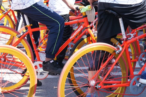 Kuala Lumpur Malaysia March 2019 Group Teenagers Using Bicycles Same — стоковое фото