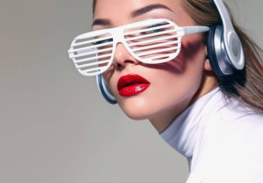 Beyaz gözlüklü, kulaklıklı, parlak makyajlı, müzik dinleyen genç ve güzel bir kız. Hareket, enerji tarzı. 