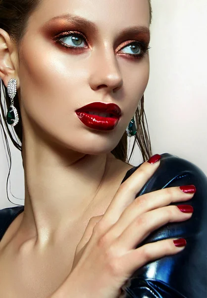 Girl Latex Dress Red Lipstick Red Nail Polish Beautiful Effective — Stock Photo, Image