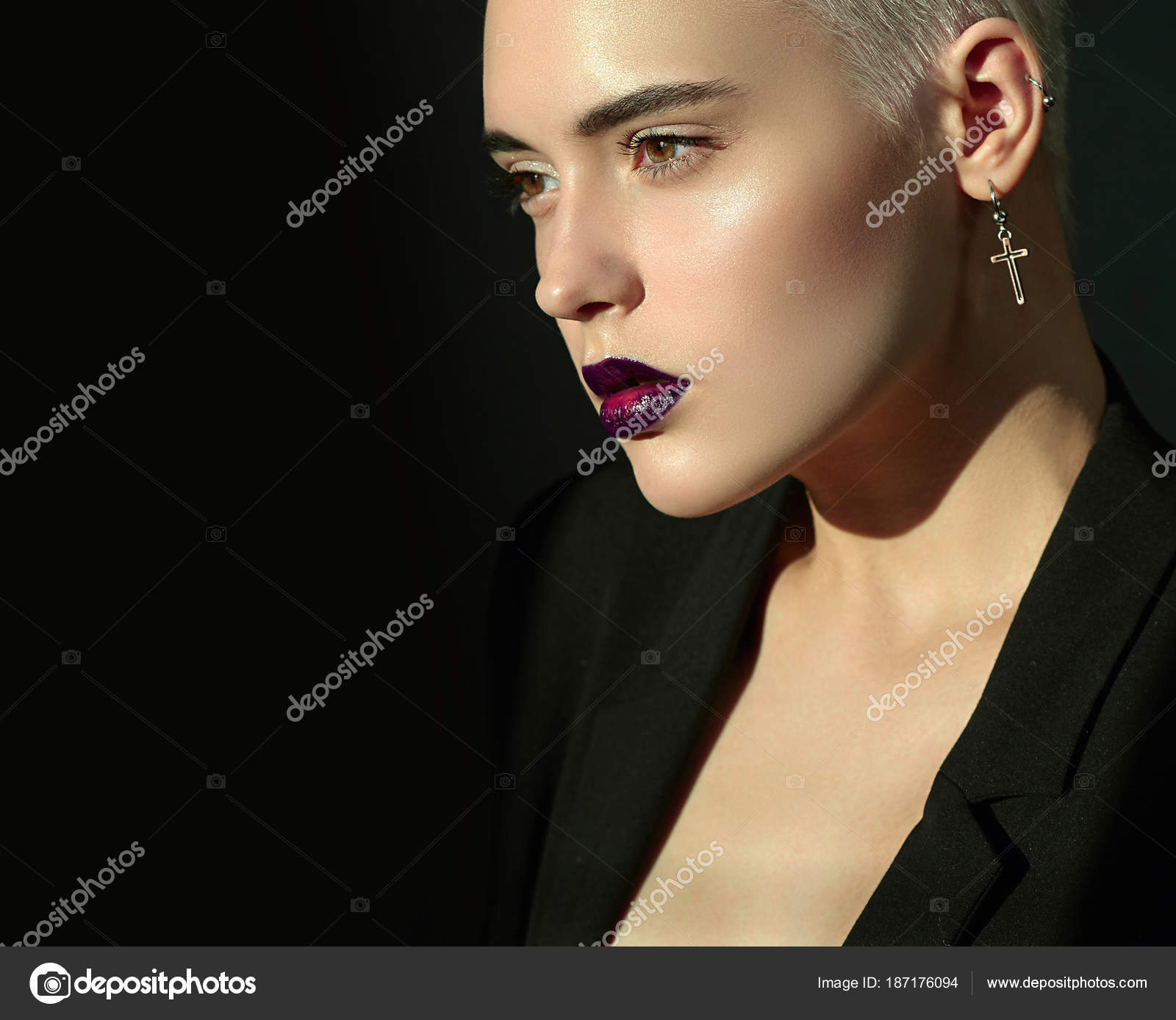 Beautiful Young Blonde Girl Black Jacket Short Blond Hair