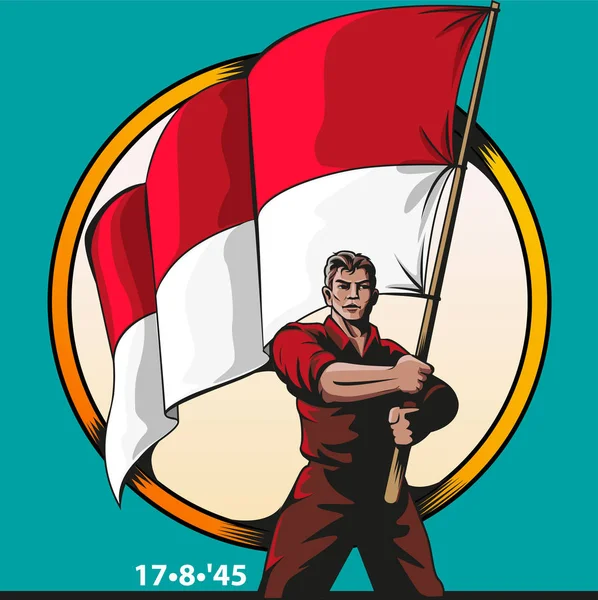 Héroe indonesio con bandera roja y blanca — Vector de stock