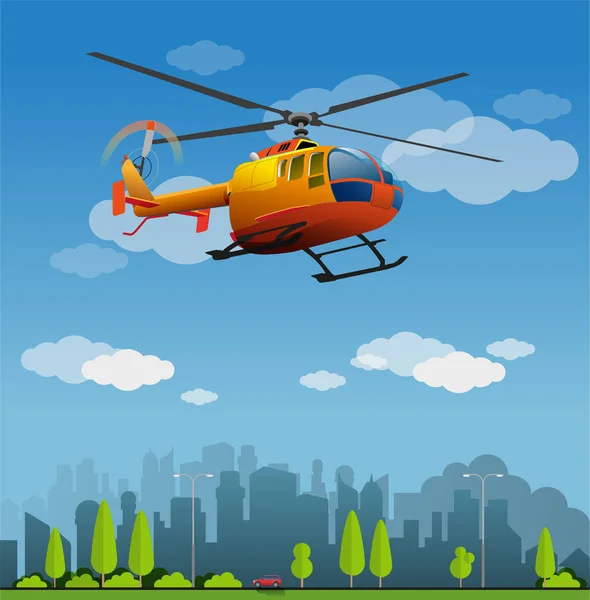 Vector Illustration Rescue Helicopter Flight City — Stock Vector