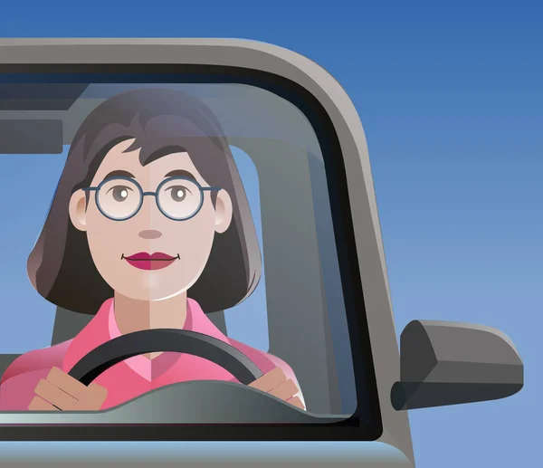Векторная Иллюстрация Женщина Водитель Автомобиля Выглядит Веселым — стоковый вектор