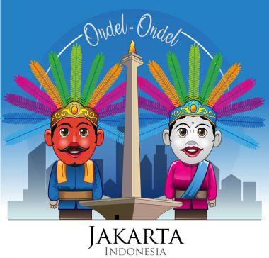 Vektör çizim, Ondel-ondel ve Monas maskotlar ve Jakarta simgeler vardır