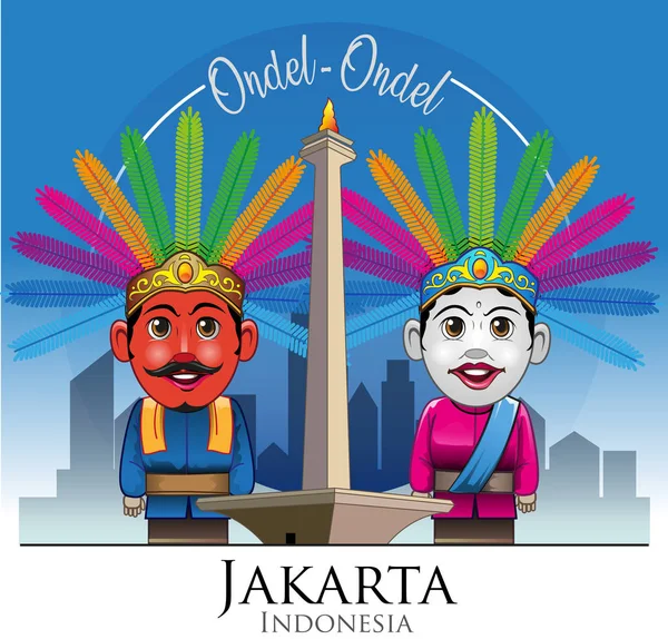 Ilustrasi Vektor Ondel Ondel Dan Monas Adalah Maskot Dan Ikon - Stok Vektor