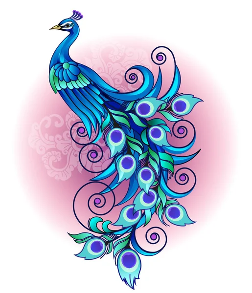 Vector Illustration Modification Blue Peacock Long Tail Decorative Style — Stock Vector