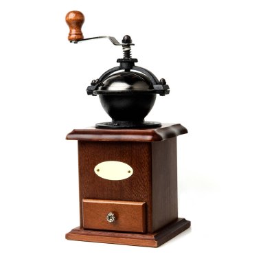 Beyaz arka plan üzerinde izole eski ahşap Kahve değirmeni