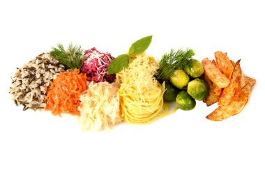 sebze garnitür beyaz arka plan üzerinde ayarlayın. makarna, peynir, lahana, patates, pancar, pirinç