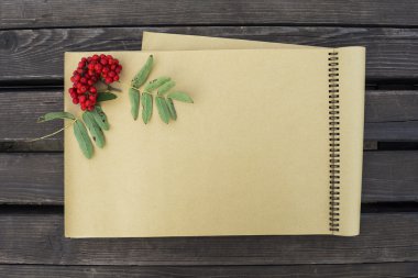 Defter ile kraft çarşaf ve rowanberry. Taş arka plan. Boş. Kadar alay et. Tasarım şablonu. Açık kitap