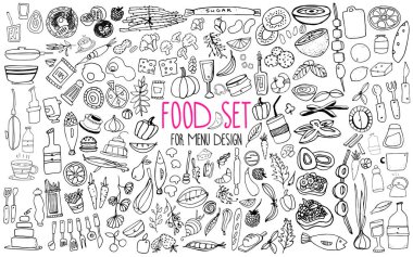 Elle çizilmiş besin öğeleri. Menü dekorasyon için ayarlayın. Çizgi film. Basit stilize formları.