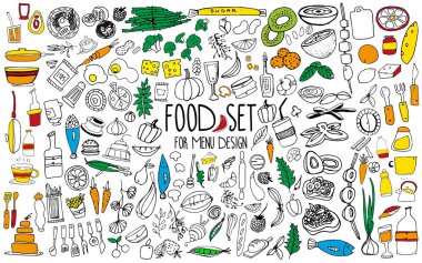 Elle çizilmiş besin öğeleri. Menü dekorasyon için ayarlayın. Çizgi film. Basit stilize formları.