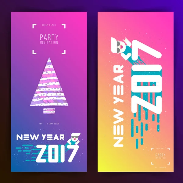 Запрошення на вечірку на Новий рік 2017 року. Плоский дизайн. Великі білі літери з ялинкою. Прості форми. Векторні ілюстрації. Картка — стоковий вектор