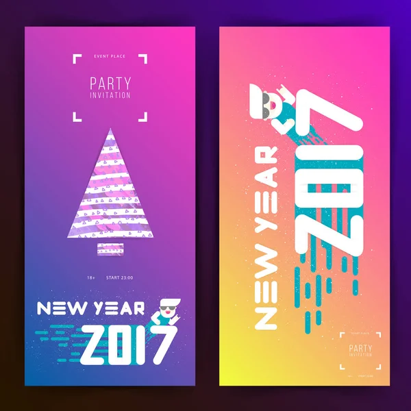 Uitnodiging voor feest van Nieuwjaar 2017. Platte ontwerp. Grote witte letters met kerstboom. Eenvoudige vormen. Vectorillustratie. Kaart — Stockvector