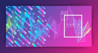 Parti daveti veya poster şablonu. İki türlü olabilir. degrade arka plan. Renkli çizgiler iç içe. Düz tasarım. Geometrik öğeleri. Soyut resim. Dikdörtgen. Minimalizm. Kızdırma.