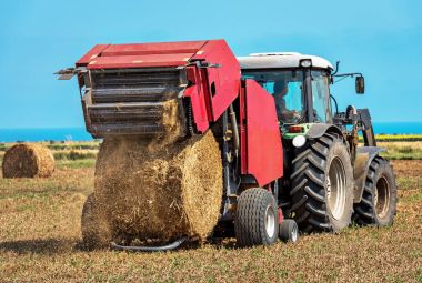 Universal traktör saman alanında hasat.