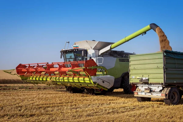 Oogst machine laden zaden in te aanhangwagen. — Stockfoto