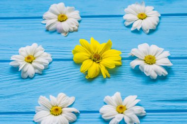 Fincan çay ve kek üzerine ahşap mavi arka plan ile natürmort