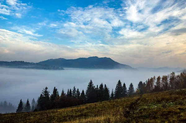 Temporada de otoño con niebla en los Cárpatos Ucranianos — Foto de Stock