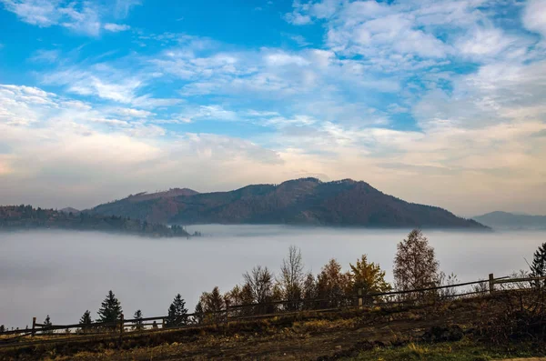 Осенний сезон с туманом в Украинских Карпатах — стоковое фото