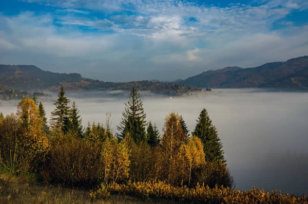 Temporada de otoño con niebla en los Cárpatos Ucranianos — Foto de Stock