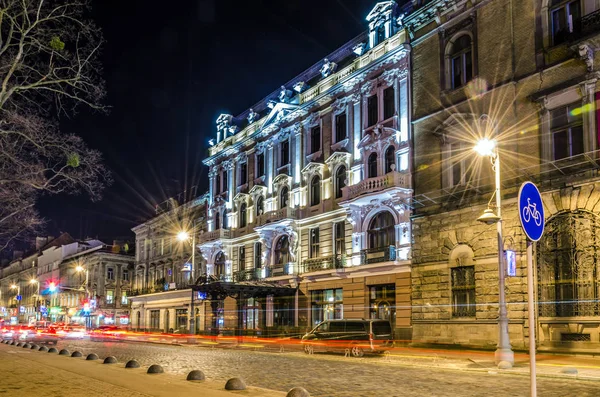 Noche Escénica Lviv Arquitectura Del Paisaje Urbano Larga Exposición — Foto de Stock