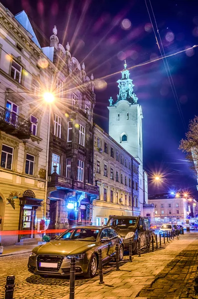 Noite Cênica Arquitetura Cityscape Lviv Sobre Longa Exposição — Fotografia de Stock