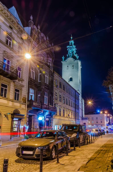 Szenische Nacht Lviv Stadtbild Architektur Auf Der Langzeitbelichtung — Stockfoto