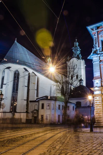 Schilderachtige Nacht Lviv Stadsgezicht Architectuur Lange Blootstelling — Stockfoto