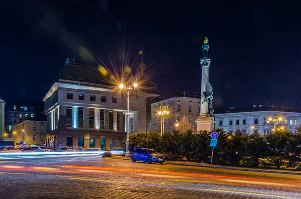 Noche Escénica Lviv Arquitectura Del Paisaje Urbano Larga Exposición — Foto de Stock