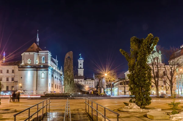 Noche Escénica Lviv Arquitectura Del Paisaje Urbano Larga Exposición —  Fotos de Stock