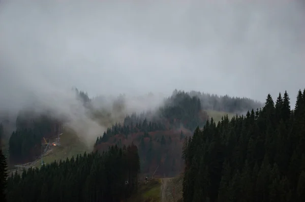 Carpathian mountains landscape video footage in the rain with fog