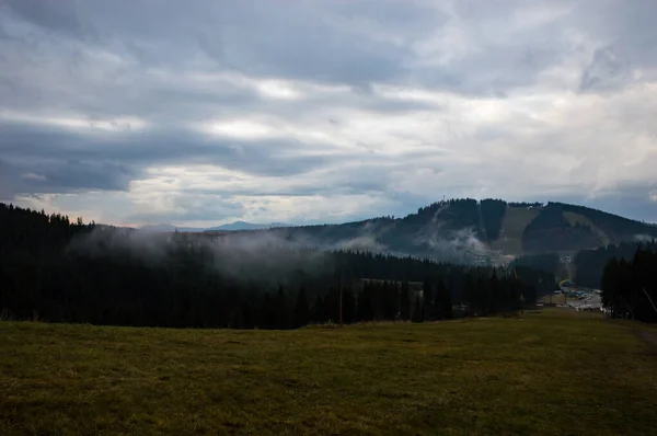 Carpathian mountains landscape video footage in the rain with fog