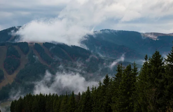 Carpathian mountains landscape video footage in the rain with fog