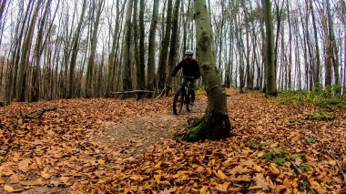 Sonbahar parkında bisiklet süren amatör bir binici.