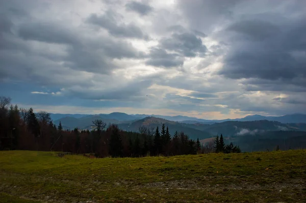 Herfst Landschap Achtergrond Regen Weer Met Mist — Stockfoto