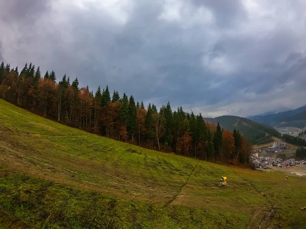 Autumn landscape background in the rain weather with fog