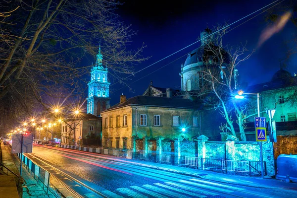 Night Lviv old city architecture in the Christmas