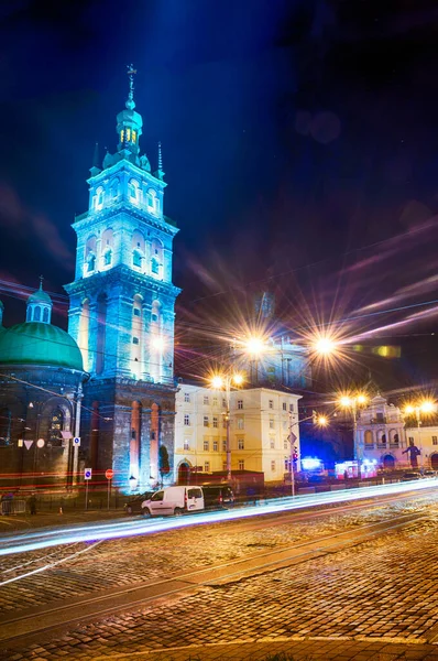 Νύχτα Lviv Παλιά Αρχιτεκτονική Της Πόλης Στα Χριστούγεννα — Φωτογραφία Αρχείου