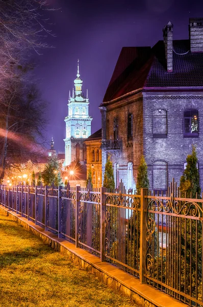 Notte Lviv Vecchia Architettura Della Città Nel Natale — Foto Stock