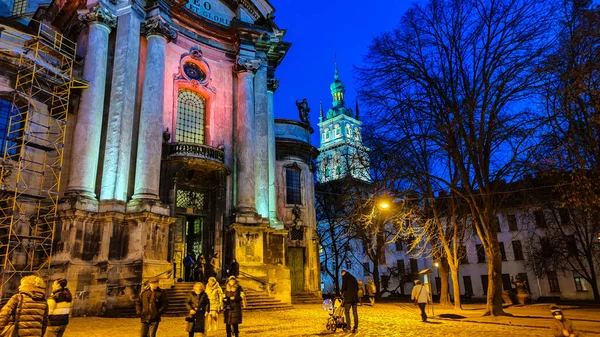 Noche Lviv Arquitectura Ciudad Vieja Navidad — Foto de Stock
