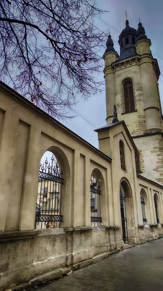 Lviv Oude Stad Architectuur Met Bewolkt Weer Het Winterseizoen — Stockfoto