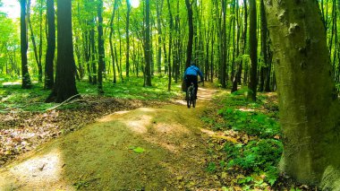 Bahar parkında bisiklet süren amatör bir binici.