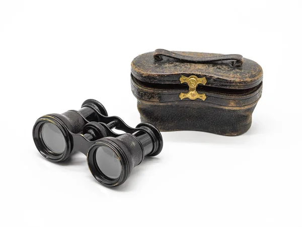 Antique Opera Glasses Isolated Black Leather Case White Background Black — Stockfoto