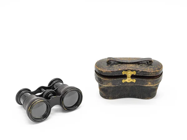 Lunettes Opéra Antiques Isolées Avec Étui Cuir Noir Sur Fond — Photo