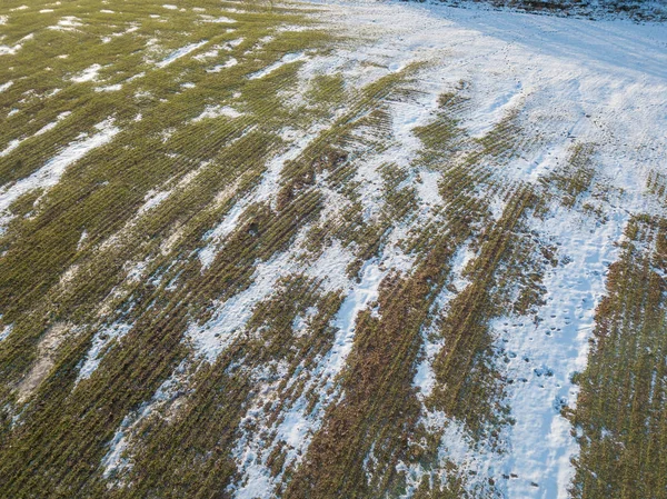春の季節には農業分野の空中ビューをトップダウン 農業機械や雪のスポットの痕跡を持つ農場フィールド 田舎の自然風景 — ストック写真