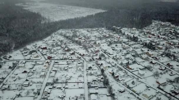 Sorvola Villaggio Nella Foresta Alla Bufera Neve Case Suburbane Margini — Video Stock