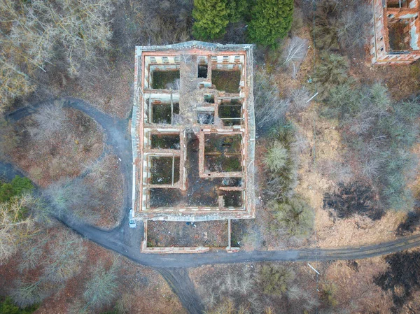 건물을 공중에서 평면도처럼 보인다 드론으로본 나무와 보도로 둘러싸여 — 스톡 사진