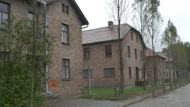 Auschwitz Gebäude und Zaun — Stockvideo